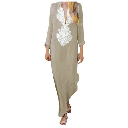 Kvinners trykte langærmet V-hals kjole Split Hem Baggy Kaftan Lang Kjole