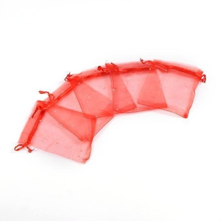 10 st. Handsydda Röda organza påsar c.a 7x9 cm.