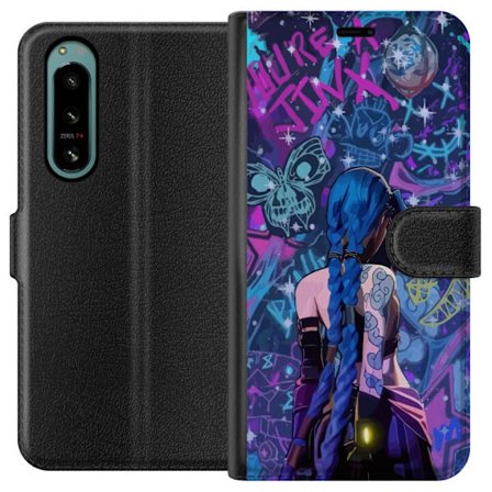 Yhteensopiva Lompakkokotelo Sony Sony Xperia 5 IV Värikäs graffitipiirros, jossa on sinisellä hiuksilla varustettu hahmo kaupunkimaisessa neon-tyyl