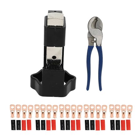 Kaapelikengän puristustyökalu vasaralla, sisältää kaapelileikkurin, 20 kpl kupariliittimiä ja 20 kpl kutistesukkaa AWG 8 - 4/0 -liittimille