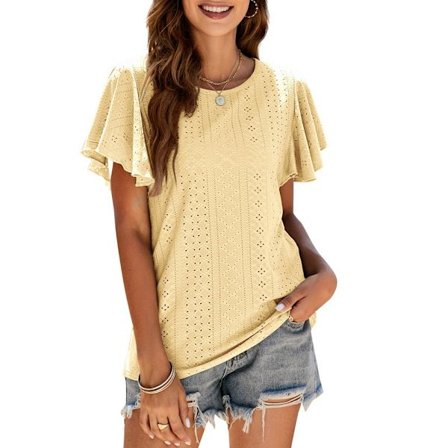 Womens T-skjorter Løs Passform Rund Hals Ruffle Erme Sommer Casual Topper, gul,