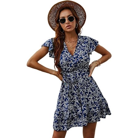 HAUFR Women's Summer Polka Dots V-neck volanger Cap ärm A Line Mini Dress