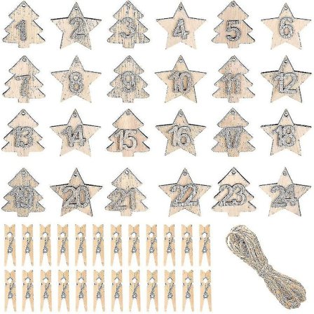 Julkalendersiffror i Trä, Julkalendersiffror för Nedräkning till Jul med 24 Stycken Klämmor, Trädgårdsdekorationer i Trä