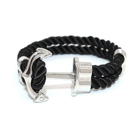 Trendigt Läderarmband Rep med Ankare i Metall Svart/Silver