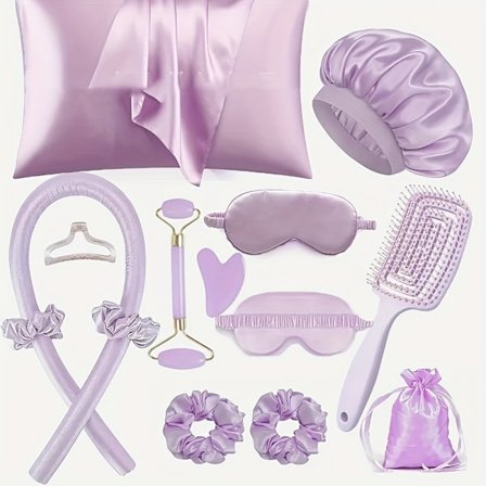 13 stk. Hårstylingverktøy for kvinner - Krøllesett uten varme med nattkrøllere, ansiktsmassasje, putetrekk og sovemaske
