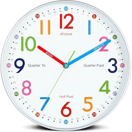 Vekkerklokke 12 tommer Læreklokke Barn Analog Fargerik Soverom Veggklokke Sølv