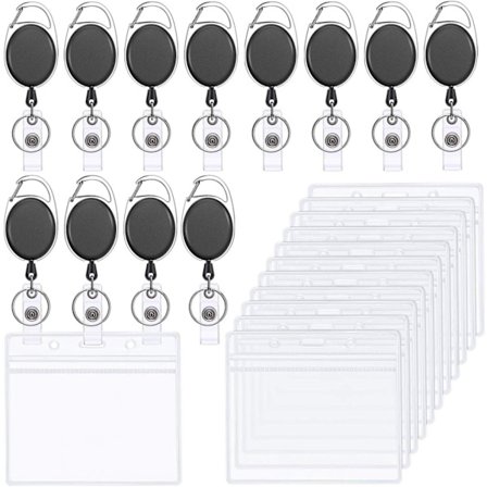 Badge Reel Holder (Pakke med 12) - Transparent Vandret Plastik Kort Holder, Holdbar og Vandafvisende med Karabinhage - Til Nøgleringe, Navneskilte, 