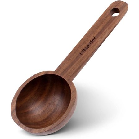 Pähkinäpuinen kahvilusikka, kahvipapujen mittaamiseen, jauhettujen papujen kahvimitallinen