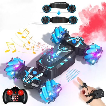 Gestkontrollert fjernstyrt bil, 4WD stuntkjøretøy med spray, lys og musikk, 360° rotasjonsleketøy gave til gutter og jenter (blå)