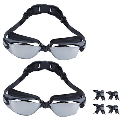 2 stk. Svømmebriller Voksen Stor Ramme Anti-dug Elektroplettering Silikone Vandtæt Sort Sølvbelagt