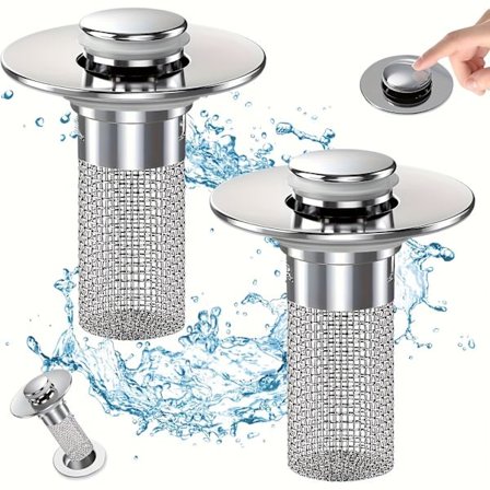 2-pakning Pop-Up vaskesil i rustfritt stål med avtakbar kurv - Passer badekar/dusjavløpsdeksel, hårstopper forhindrer tilstopping
