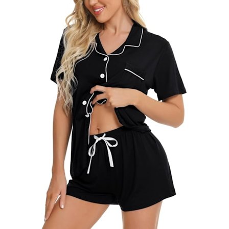 Dam Pyjamas Set Kortärmad Nattkläder Dam Knapp Ned Nattkläder PJ Set med Ficka XL