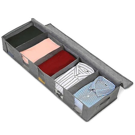 Sängyn alla säilytyspussi läpinäkyvillä ikkunoilla ja kahvoilla vaatteille