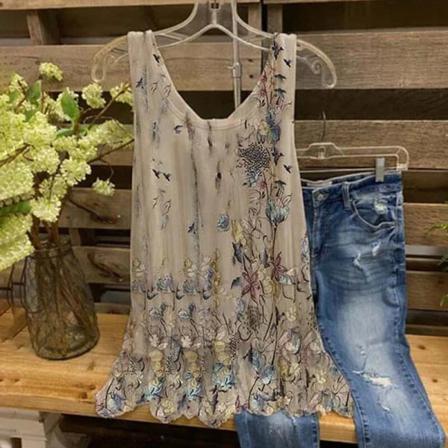 Print Linne För Kvinnor T-shirts Med Blommönster