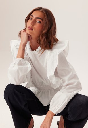 Bubbleroom - Cotton Frill Blouse - White - Kläder