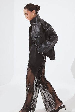 NA-KD Vida plisserade byxor med paljetter - Utsvängda byxor - Svart - L (EU 42-44)