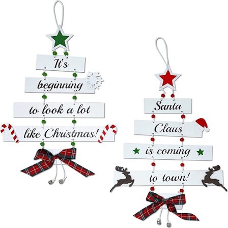 Julepynt i træ, store hængende juledekorationer med klassiske røde, hvide og grønne farver, velegnet som gave til hjemmehylden, kaminen