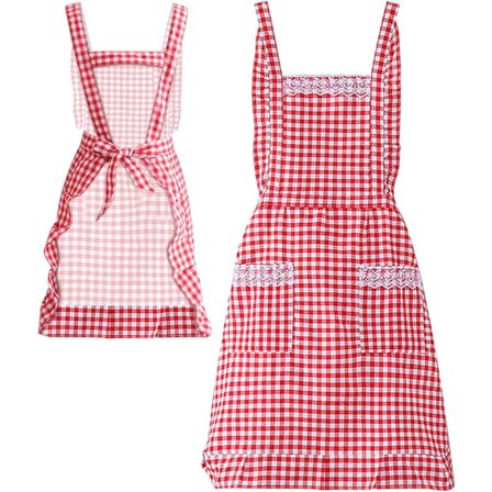 Køkkenforklæde til kvinder, klassisk vintage forklæde til kvinder, rødt og hvidt ternet bomuldsforklæde,