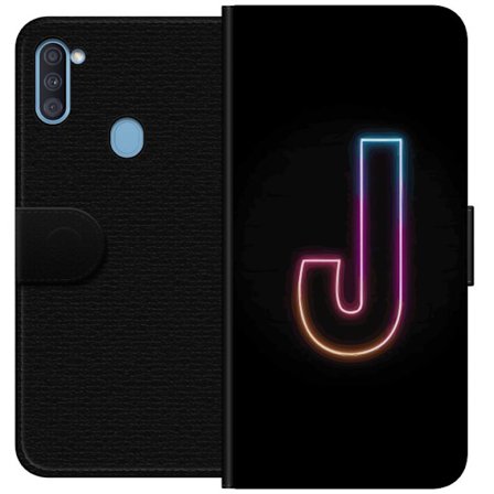 Kompatibel Tegnebogsetui til Samsung Samsung Galaxy A11 Minimalistisk neonbogstav J i farveskiftende lys mod sort baggrund