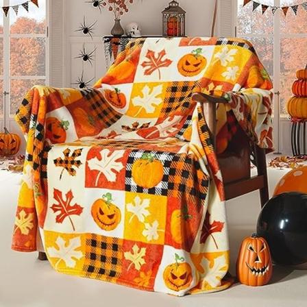 Halloween Fleece-teppe, Gresskar, Blad Høst Rutete Teppe, Myk Fuzzy Plysj for Sofa eller Seng, Luksus Flanell