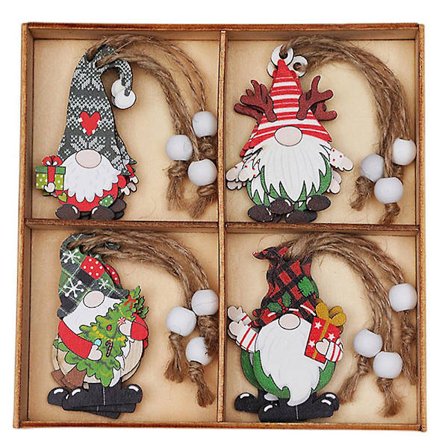 12 st julgranshängen i trä med tomte, julgransdekoration