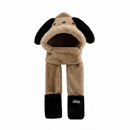 Tre-i-ett plysch hundöron-mössa, halsduk och handskar set, varm vinterfleecemössa, lämplig för kvinnor och flickor.