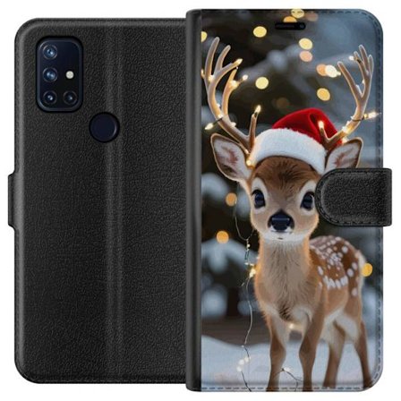 Kompatibel Tegnebogsetui til OnePlus Nord N10 5G Sød rensdyr med nissehue og lyskæde jule rensdyr sød vinter festlig kawaii ferie snehygge kunst