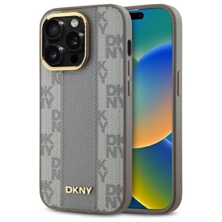 DKNY læder ternet mono-mønster MagSafe iPhone 14 Pro taske - Beige