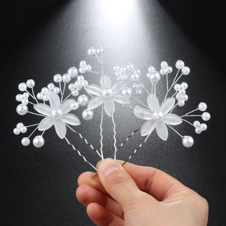 3 st Hårnålar Hårsmycken Hårdekoration till Bröllop & Fest - Vit Blomma & Vita Pärlor