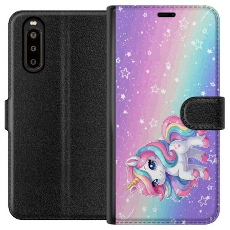 Yhteensopiva Lompakkokotelo Sony Xperia 10 II Stitch polaroid-kehyksissä sinisillä pastellisävyillä ja suloisilla ilmeillä kollaaseissa sydämill