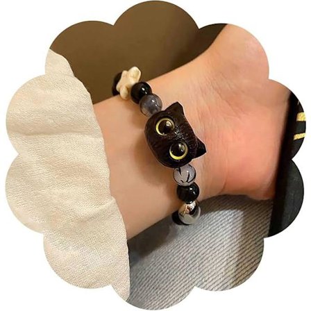 Svart Katt Kedje Armband Glaspärla Armband Pärlsträng Stretch Armband Svart Obsidian Armband Lycka Stjärna Armband Smycken för Kvinnor