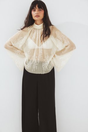 NA-KD Top plissé en maille à paillettes - - Crème - XL