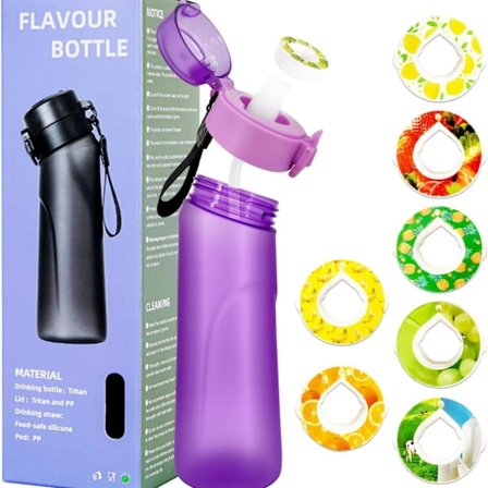 Ilmavesipullo, sisältää 7 makukapselia, 750 ml urheiluilmavesipullo, pillillä, tiivis juomapullo, hedelmän maku.
