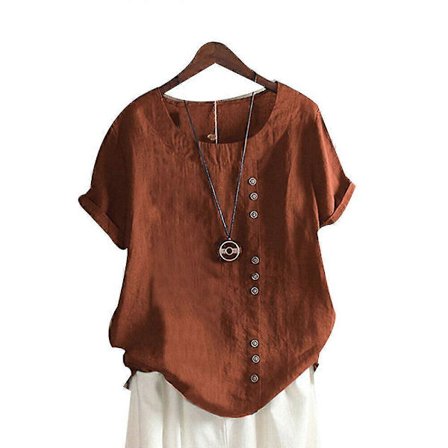 Dame Kortærmet Ensfarvet Top Dame Bomuld Linned Afslappet Skjorte Løs Bluse m Brun