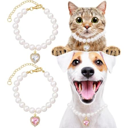 Katt og Hund Perlenekkeband 2 stk, Liten Kattnekkeband Perle Hundnekkeband Søt Fint Smykke Tilbehør med Hjerteformet Rhinestone Hvit Rosa Bryllup
