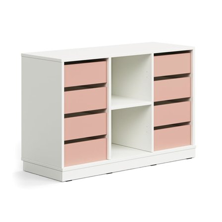 Student storage CASPER, 8 drawers, 2 compartments, base frame, white/dark pink