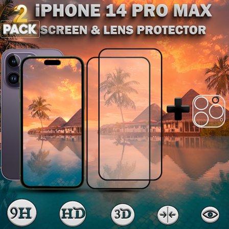 2-Pack IPHONE 14 PRO MAX Skærmbeskyttelse & 1-Pack linsebeskyttelse - Hærdet Glas 9H - Super kvalitet 3D