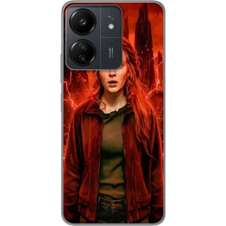 Kompatibelt Mobilskal till Xiaomi Xiaomi Redmi 13C Porträtt av en ung kvinna med rött hår i en apokalyptisk landskap, röda blixtar och mörka klip