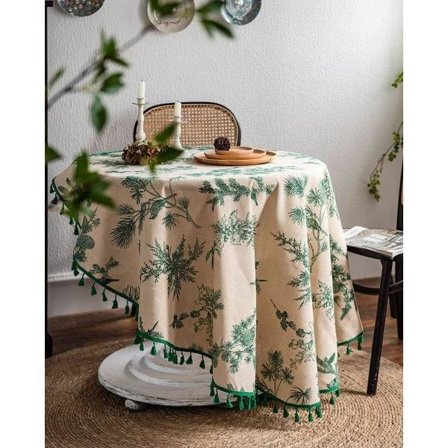 IC Pinetree Runda Duksar Bomull Linne Bordsdukar Bordsdukar med Tofsar för Kök Matbord Restaurangdekoration (Grön, Diameter 59")