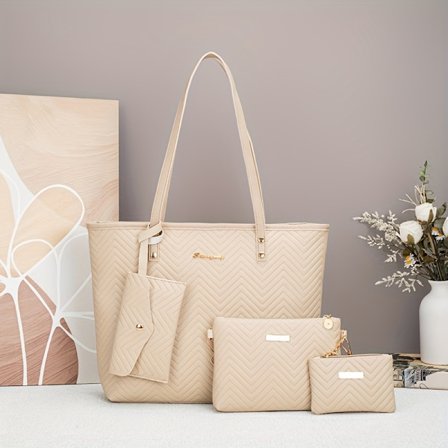 Nytt Moteriktig Trendy Bølgepreget Allsidig Firesett - Stor Kapasitet Tote Bag, Todelt Crossbody Bag, Liten Håndveske