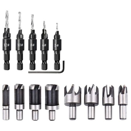 14 st träplugg hålfräs fasad plugg skär borrbitar 1/4 tum sexkantnyckel verktygssats för femspårig borr