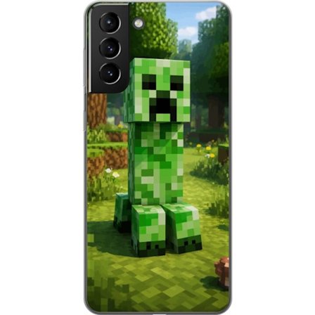 Kompatibelt Mobilskal till Samsung Samsung Galaxy S21+ 5G Block-baserad Creeper-figur i en grön pixell värld, ikonisk spelillustration för barnrum,
