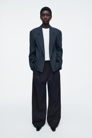 COS Women's Oversized Exaggerated-Shoulder Denim-Look Blazer in Blue