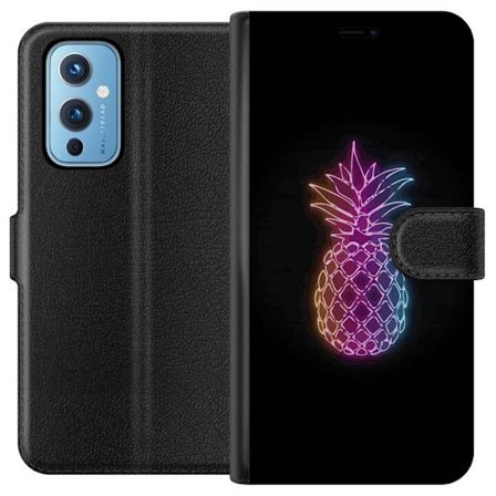 Kompatibelt Plånboksfodral till OnePlus OnePlus 9 Neonillustration av ananas i färgglatt ljus mot svart bakgrund