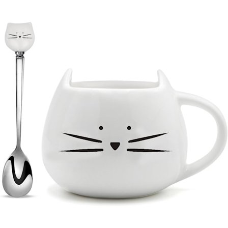 Keramisk katt kaffekrus med skje sett for jenter katteelskere søte tekopper gaver til kvinner 414 ml hvit
