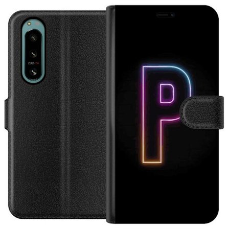 Kompatibelt Lommeboketui til Sony Sony Xperia 5 IV Minimalistisk neonbokstav P i fargegradering og lyseffekt mot svart bakgrunn i digital neonstil
