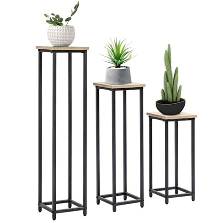 Plant Set 3-Osainen Kukkajakkara Ja Kukkaruukkuteline Teräksestä, Musta + Luonnollinen