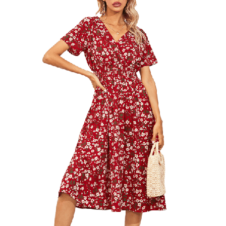 Chiffongklänning Sommar Retro Röd Gul Tryck Blommor Normal F