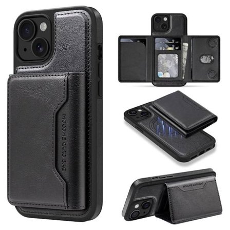 iPhone 15 Magnetic Wallet Case with Detachable Card Holder - Black