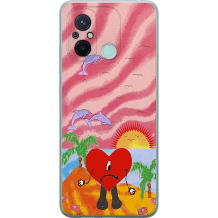 Kompatibelt Mobildeksel til Xiaomi Redmi 12C Bad Bunny i en fargerik quiltet jakke med hjertemønster og solbriller i moderne gatestil